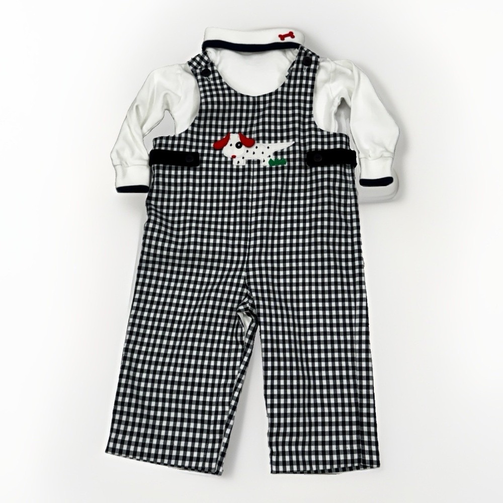 Florence Eiseman Blue Check Dog Appliquéd Overall / Shirt 2 Piece 24 Months